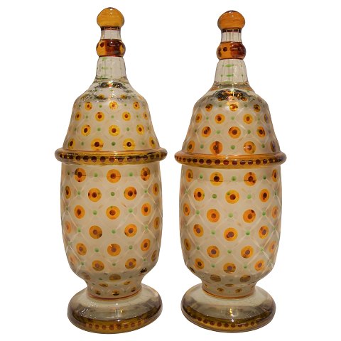 A pair of glass vases with lid, around 1930
