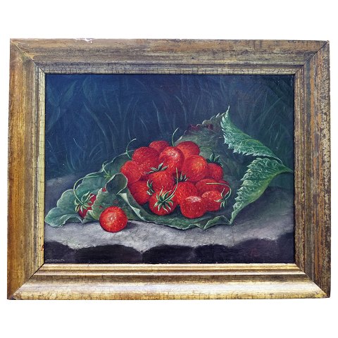 Hanne Hellesen; Maleri, opstilling med jordbær, olie på lærred