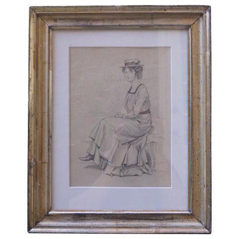 Paul Fischer; A pencil drawing, a young lady with a hat
