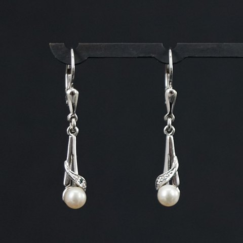 Diamant ørestikker/øreringe af 8 kt. hvidguld med perler, hænger