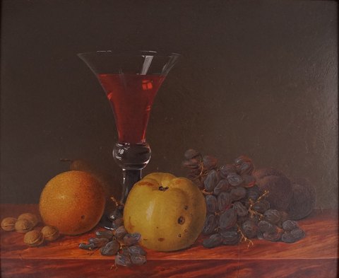 Maleri, stilleben, opstilling på bord med frugt og barok vinglas, 1800-tallet