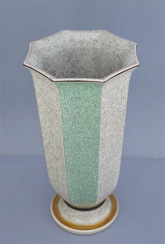Royal Copenhagen; Krakelé vase #3389 grøn/guld