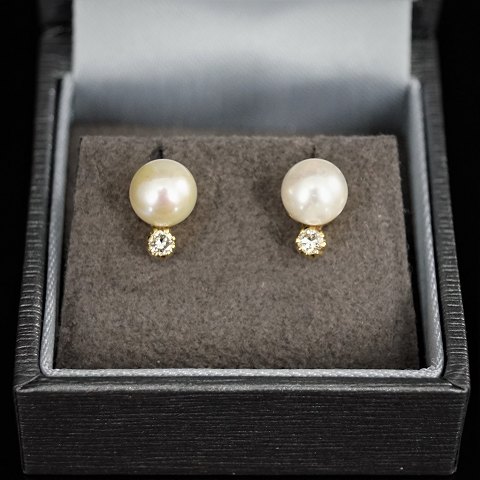Perle ørestikker/øreringe af 14 kt. guld med diamanter