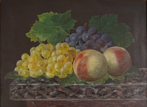 Maleri, stilleben, opstilling på bord med ferskner og druer, midt 1800-tallet