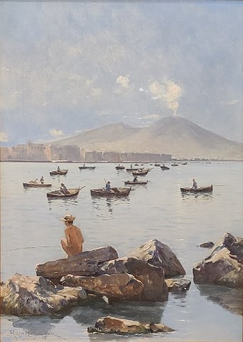 Holger H. Jerichau maleri; Napolibugten med Vesuv i baggrunden