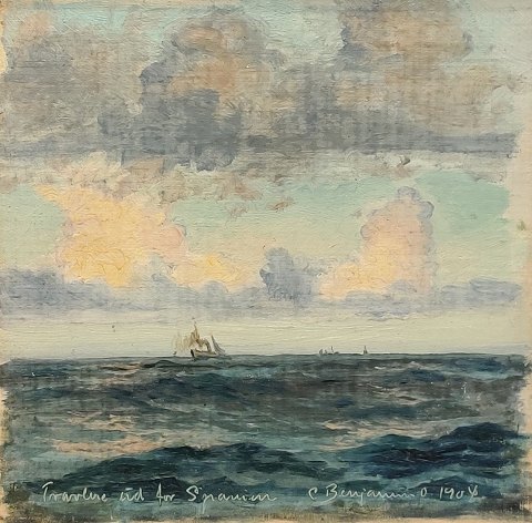 Chr. Benjamin Olsen; Marinemaleri, Travlene ud for Spanien, 1904, olie på malerpap