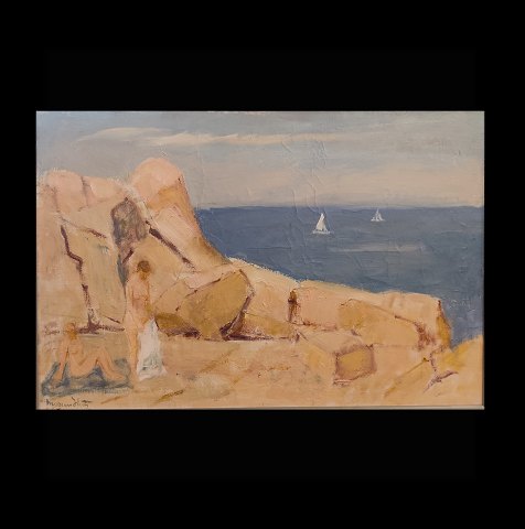 Mogens Hertz; Maleri, bademotiv fra Bornholm, olie på lærred