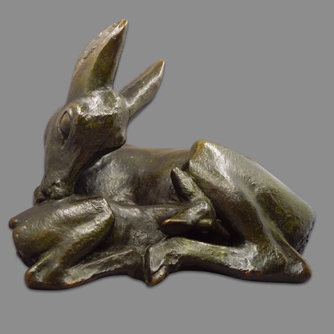 Hugo Liisberg; Bronzefigur af dådyr med kid, fra L. Rasmussen bronze støberi
